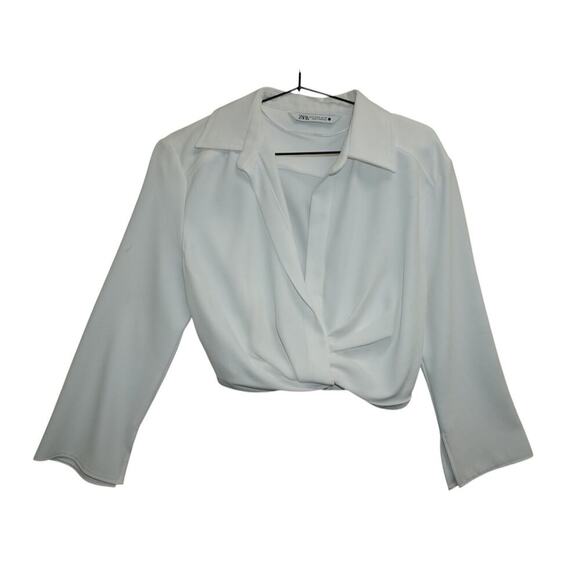 ZARA Women’s M White Draped Wrap Front Cropped Blouse Long Sleeve Made  Morocco - Picture 3 of 8